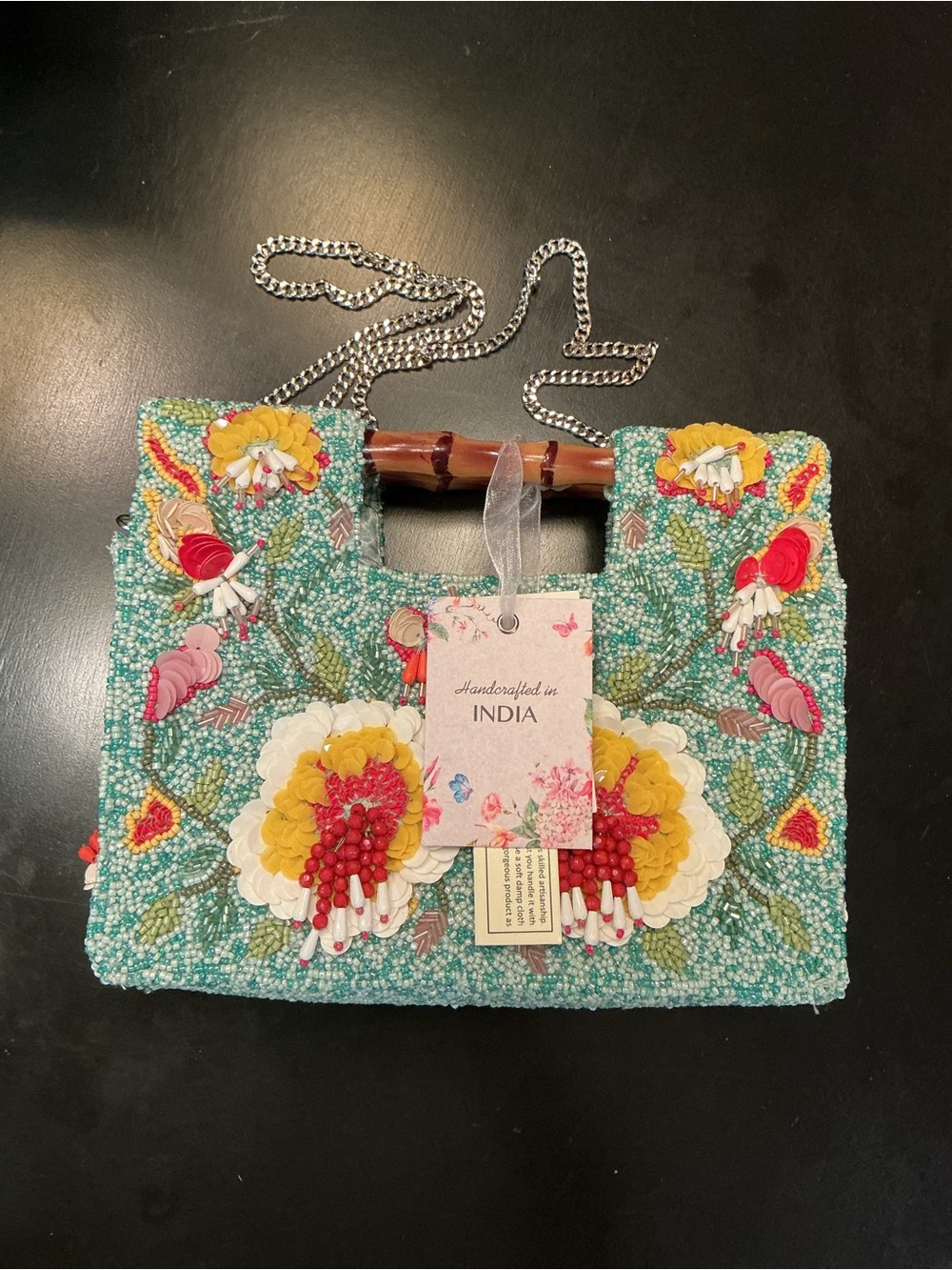 Handcrafted Beaded Floral Purse Bag With Bamboo Handles and Silver Chain